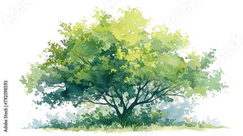 A beautifully stylized watercolor illustration of a tree adorned with lush green foliage
