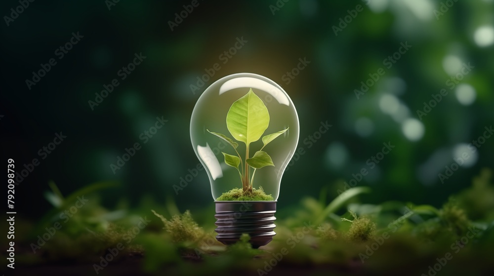 Eco friendly lightbulb with plants green background, Renewable and sustainable energy. Eco friendly lightbulb with plants green background, Renewable and sustainable energy.