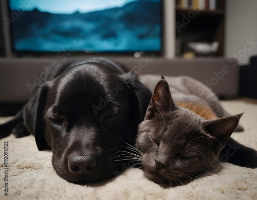 dog and a cat laying on a carpet