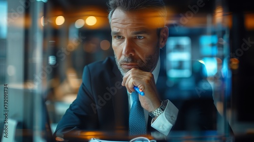 Corporate Portraiture: Thoughtful Businessman at Desk with Reflective Glass, Colorful Business Executive Deep in Thought.