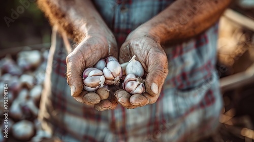 Man holding garlic cloves in his hands.