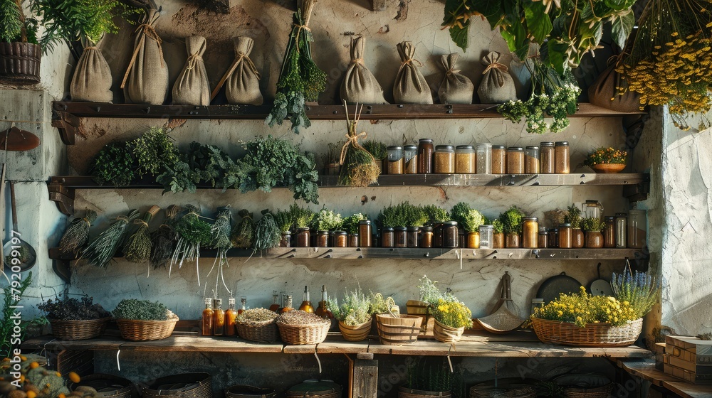 banner background National Herbalist Day theme, and wide copy space, herbal medicine, A herbalist's workshop with drying racks, herb bundles hanging, and tools of the trade, for banner, UHD image - obrazy, fototapety, plakaty 
