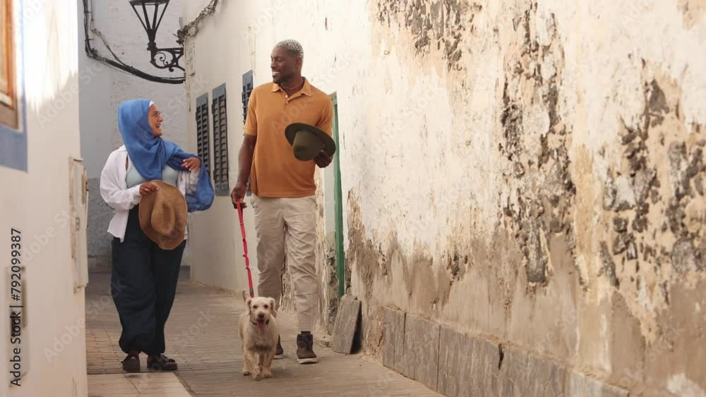 Friendly conversation on a sunny alley walk with a dog Friendly conversation on a sunny alley walk with a dog