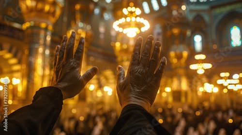 Muslim clergy with hands up praying inside of Holy Shrine of Imam Hussein in Karbala, Iraq.

 photo