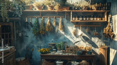 banner background National Herbalist Day theme, and wide copy space, herbal medicine, A herbalist's workshop with drying racks, herb bundles hanging, and tools of the trade, for banner, UHD image