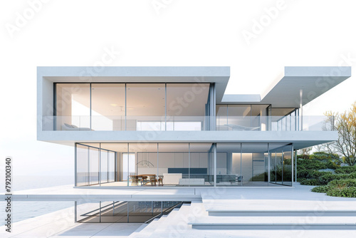 Modernist beach residence with clean lines and large glass windows showcasing the picturesque coastline  isolated on solid white background.