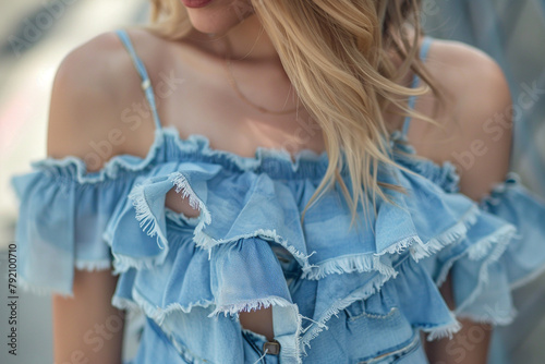 Off-shoulder ruffled blouse with denim cutoffs and lace-up sandals photo
