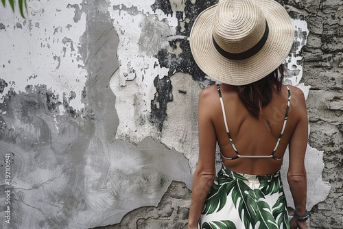 Palm leaf print playsuit with a wide-brimmed hat and strappy sandals photo