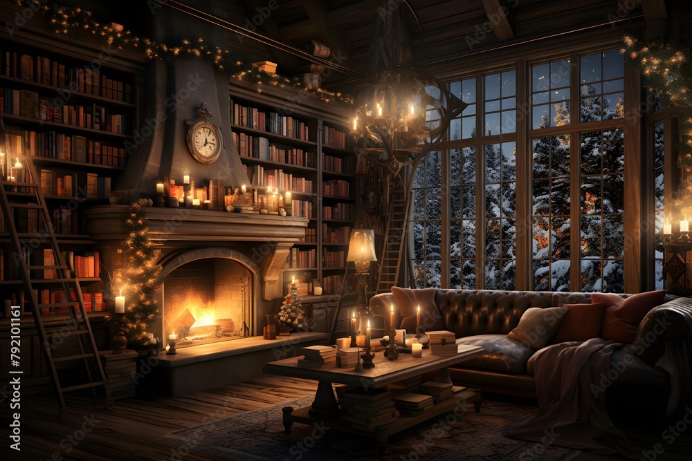 Interior of a living room with a fireplace and a Christmas tree. 3D rendering
