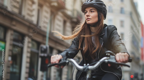 Mulher vestindo terno andando de bicicleta na cidade  photo