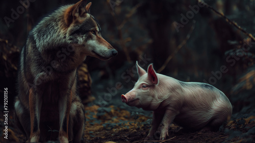 Lobo cinzento e porco na floresta  photo