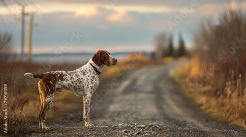 Portrait of A pointer standing on crossroads, Meaghers Grant,Nova Scotia,Canada.