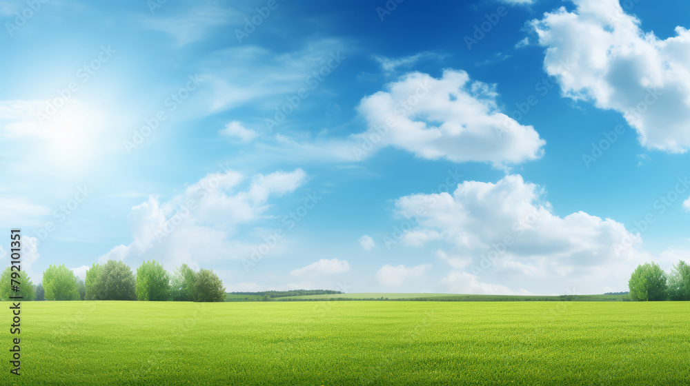 Beautiful spring summer natural landscape. Green meadow grass and trees on blue sky background with sun and clouds on warm sunny day. Colorful bright nature wallpaper with copy space for text. Beautiful spring summer natural landscape. Green meadow grass and trees on blue sky background with sun and clouds on warm sunny day. Colorful bright nature wallpaper with copy space for text.