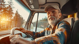 Homem caminhoneiro feliz sorrindo em seu caminhão