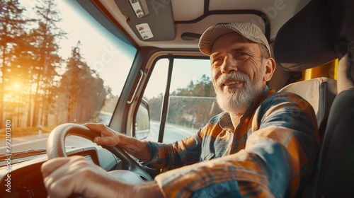Homem caminhoneiro feliz sorrindo em seu caminhão photo