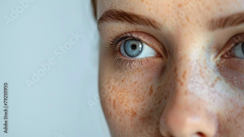 portrait the flabbiness adipose sagging skin under the eyes, ptosis beside the eyelid, blemish and freckles on the face, problem wrinkle and dark spots on the facial of the woman, concept health care. photo
