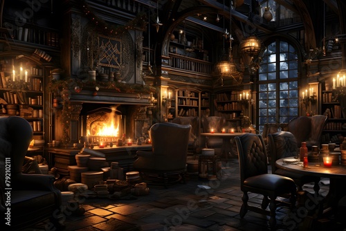 3D rendering of a fantasy bar with fire in the background.