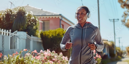 An African woman is running down a street with headphones on