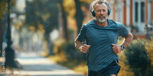 A man is running down a street wearing headphones