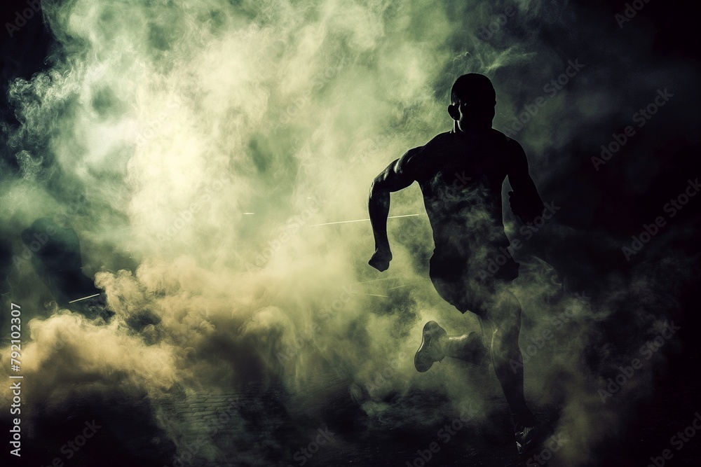 athlete running on a smokey dark background, a man running on a smokey dark background, running on a dark smoke background, running on a dark background, runner, runs day background