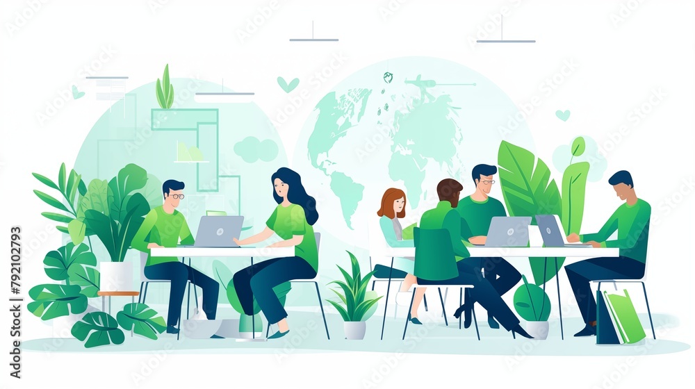 Group of people working in a collaborative and sustainable environment. Environmentally friendly flat design for improved productivity and collaboration. - obrazy, fototapety, plakaty 