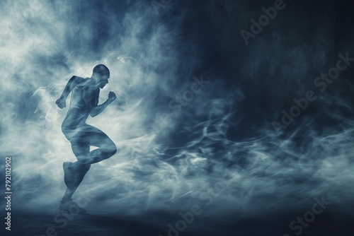 athlete running on a smokey dark background, a man running on a smokey dark background, running on a dark smoke background, running on a dark background, runner, runs day background