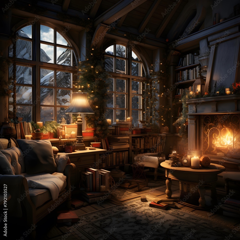 Interior of a cozy house with a fireplace and a Christmas tree