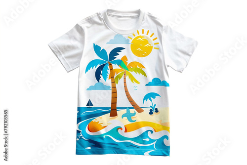 Playful printed t-shirt with beach-themed illustration for boys, isolated on a solid white background