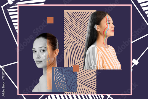 Creative collage of young Asian woman with painted face