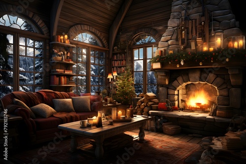 3d illustration of cozy living room with fireplace and christmas tree