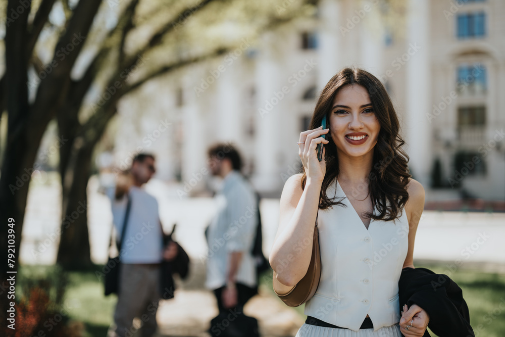 Professional woman engaged in a successful phone negotiation, with a bright, sunny backdrop and casual urban setting.