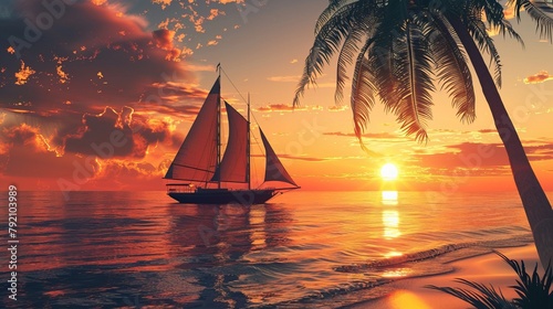 Sailboat at sunset near the shores of a tropical island.  