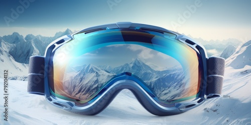 ski goggles with mountain reflection Generative AI © Evghenii