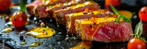 Sliced Ahi Tuna Steak, Slightly Roasted Red Fish Carpaccio with Honey Mustard Sauce