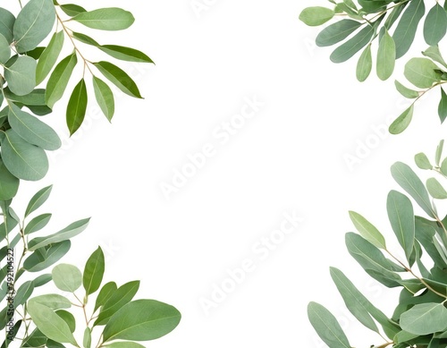 Frame of eucalyptus branches  green leaves on a white background  Concept for cards  greeting cards  invitations. Valentines day  mothers day  womens day concept. top view  copy space