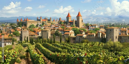 vineyards against the backdrop of a medieval castle Generative AI