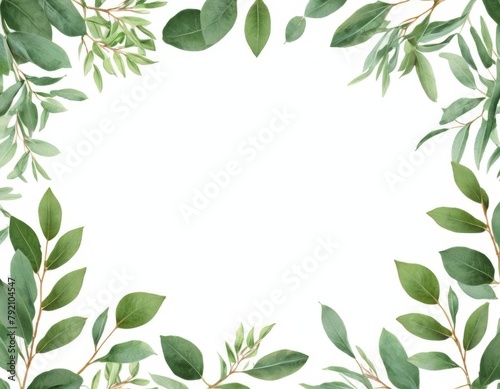 Frame of green leaves , eucalyptus branches, on a white background, Concept for cards, greeting cards, invitations. Valentines day, mothers day, womens day concept. top view, copy space