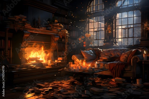 3D rendering of the interior of the old house with fire.