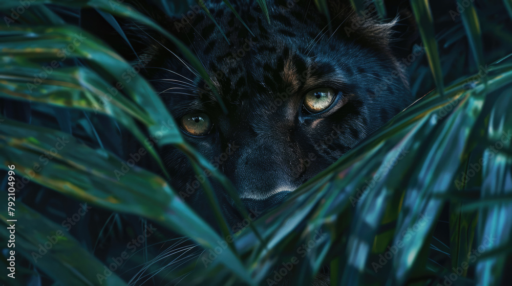 Tropical cat peaking trough tropi bushes, hidden puma wildcat leopard in natural safari habitat