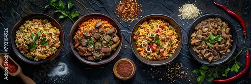 Set of Pilau or Pilaf on Dark Background Top View