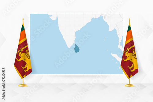 Map of Sri Lanka and flags of Sri Lanka on flag stand.