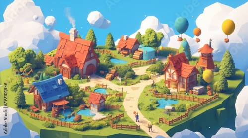 cartoon rendering of a charming village with isometric low poly design