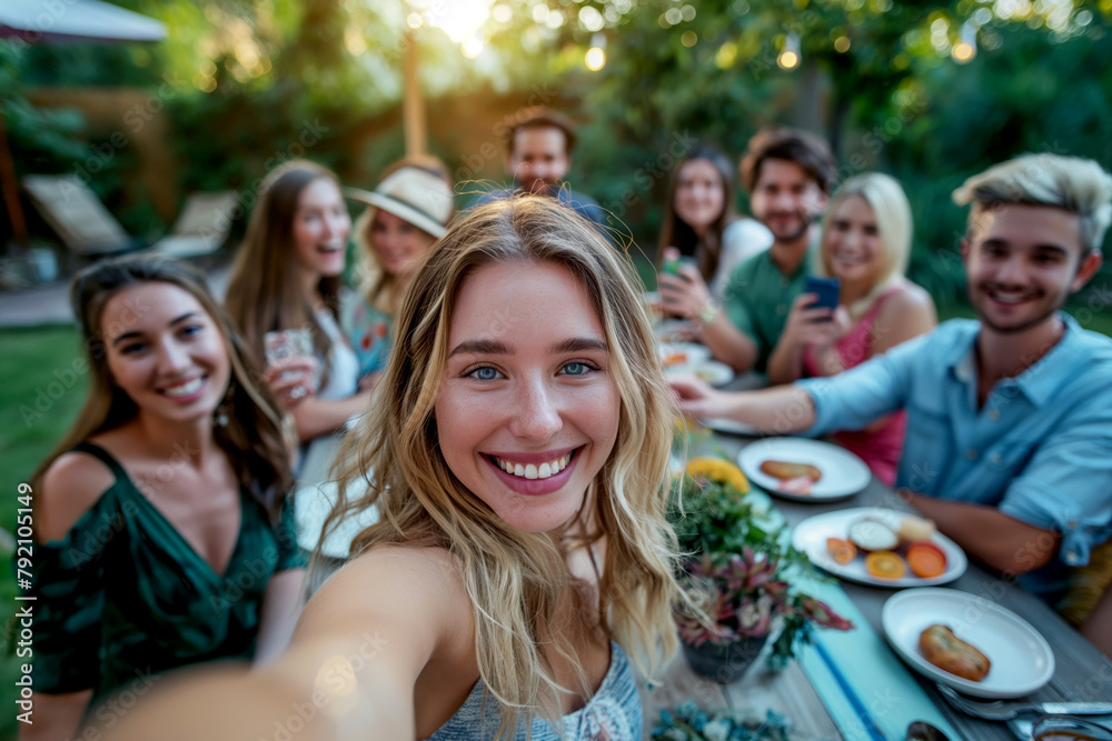 Young woman taking a selfie with a group of friends gathered around a dinner table in a lush garden setting.