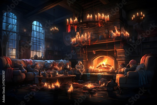 3D illustration of a Christmas scene with a fireplace and candles. © Iman