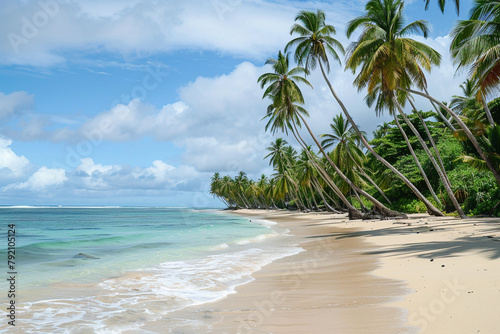 Pristine beach with palm trees swaying in the tropical breeze