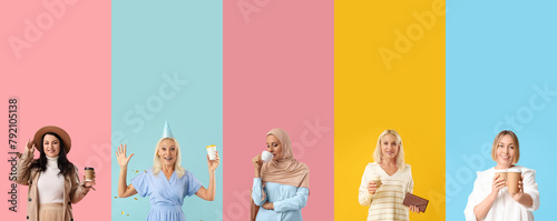 Set of women with cups of c...