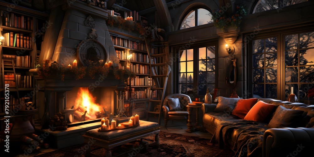 Interior of a cozy living room with a fireplace. 3d rendering
