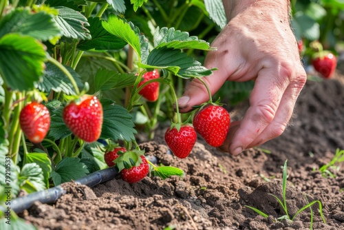 Strawberry Picking Close-Up, Hands Pluck Ripe Strawberry, Beautiful Big Red Strawberries in Garden