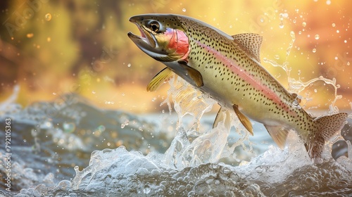 Captivating Moment of a Rainbow Trout Majestically Leaping from Crystal Clear Waters to Catch Bait,