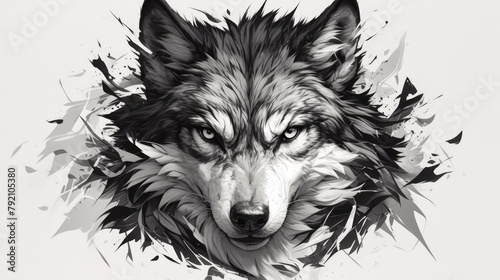 Illustration showcasing a fierce wolf s stylized head in striking black and white photo